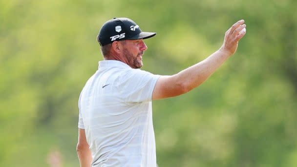 PHOTO: Michael Block, PGA of America Club Professional, celebrates his hole-in-one after taking his ball from the cup on the 15th green during the final round of the 2023 PGA Championship at Oak Hill Country Club on May 21, 2023 in Rochester, N.Y. (Andrew Redington/Getty Images)