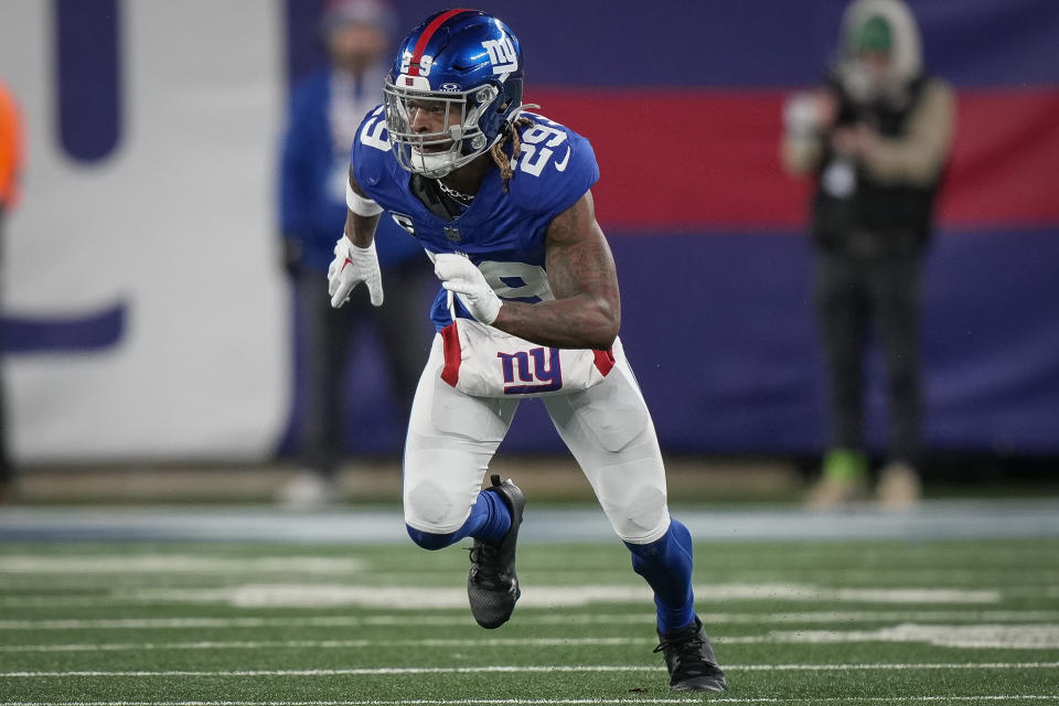 FILE - New York Giants safety Xavier McKinney runs during an NFL football game, Jan. 8, 2024, in East Rutherford, N.J. Two people familiar with the deals said Monday, March 11, 2024, that The Green BayPackers will sign Josh Jacobs and McKinney at the start of the new league year on Wednesday. The people spoke to The Associated Press on condition of anonymity because the team hadn’t announced either move. (AP Photo/Bryan Woolston, File)