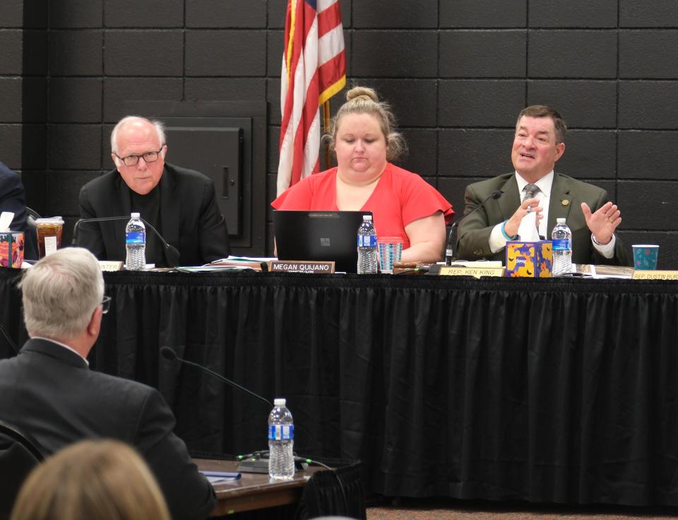 Chairman Rep. Ken King questions a panel member Wednesday at day two of the Panhandle Wildfires Investigative Committee hearings in Pampa.