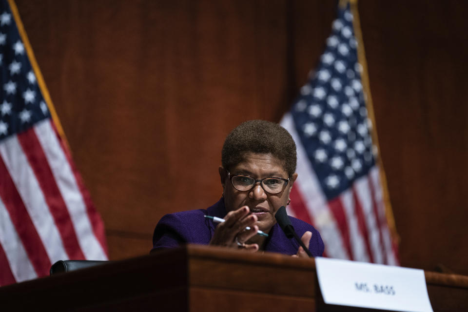 FILE - In this June 10, 2020 file photo Rep. Karen Bass, D-Calif., speaks during a House Judiciary Committee hearing on Capitol Hill, in Washington. Bass entered the 2022 race for Los Angeles mayor Monday, Sept. 27, 2021, shaking up an already crowded field hoping to replace outgoing Mayor Eric Garcetti. (Erin Schaff/The New York Times via AP, Pool,File)