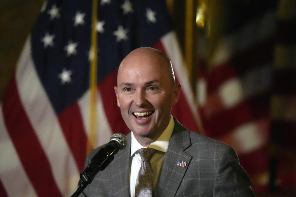 Utah Gov. Spencer Cox speaks during a news briefing during the final day of the Utah Legislature, Friday, March 1, 2024, in Salt Lake City. (AP Photo/Rick Bowmer)