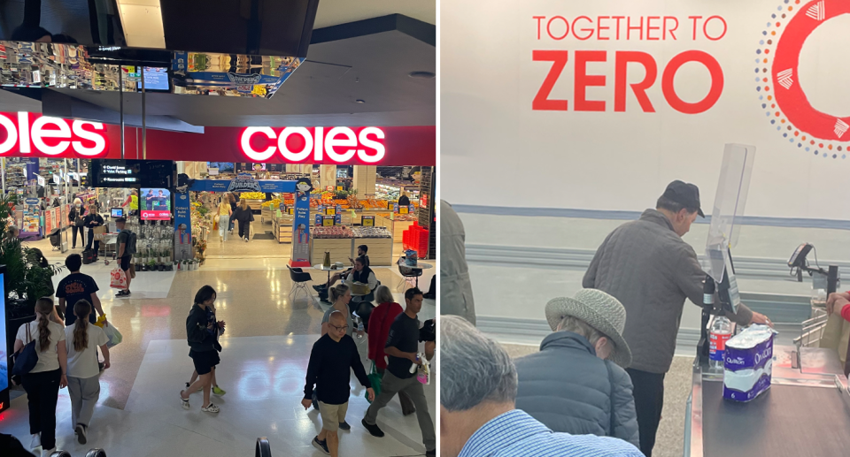Two images of Coles supermarkets. One of them is outside the store. The other is inside and shows the Together to Zero banner.