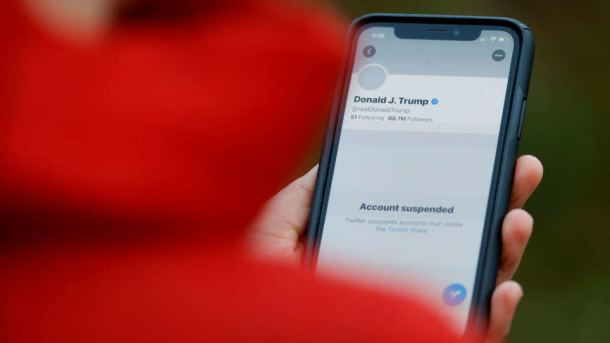 SAN ANSELMO, CALIFORNIA - JANUARY 08: The suspended Twitter account of U.S. President Donald Trump appears on an iPhone screen on January 08, 2021 in San Anselmo, California. Citing the risk of further incitement of violence following an attempted insurrection on Wednesday, Twitter permanently suspended President Donald Trump’s account. (Photo Illustration by Justin Sullivan/Getty Images)