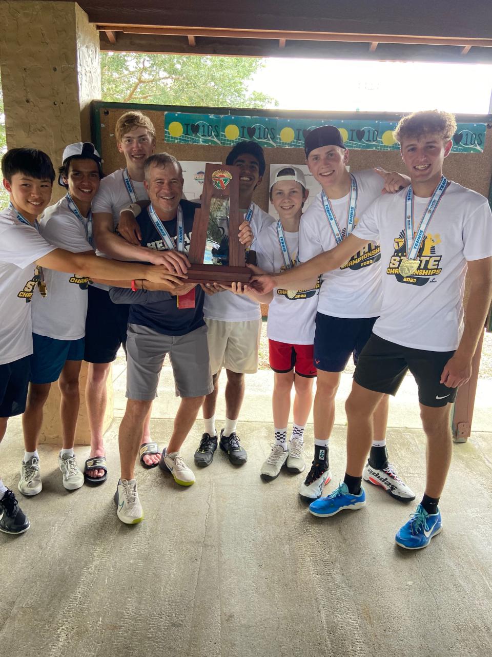 The American Heritage-Delray boys tennis team celebrates its 2023 FHSAA state championship on Saturday, April 29, 2023. The Stallions did not drop a set in districts, regionals or state tournament play. The Stallions' 2024 team will try to replace key contributors lost to graduation.