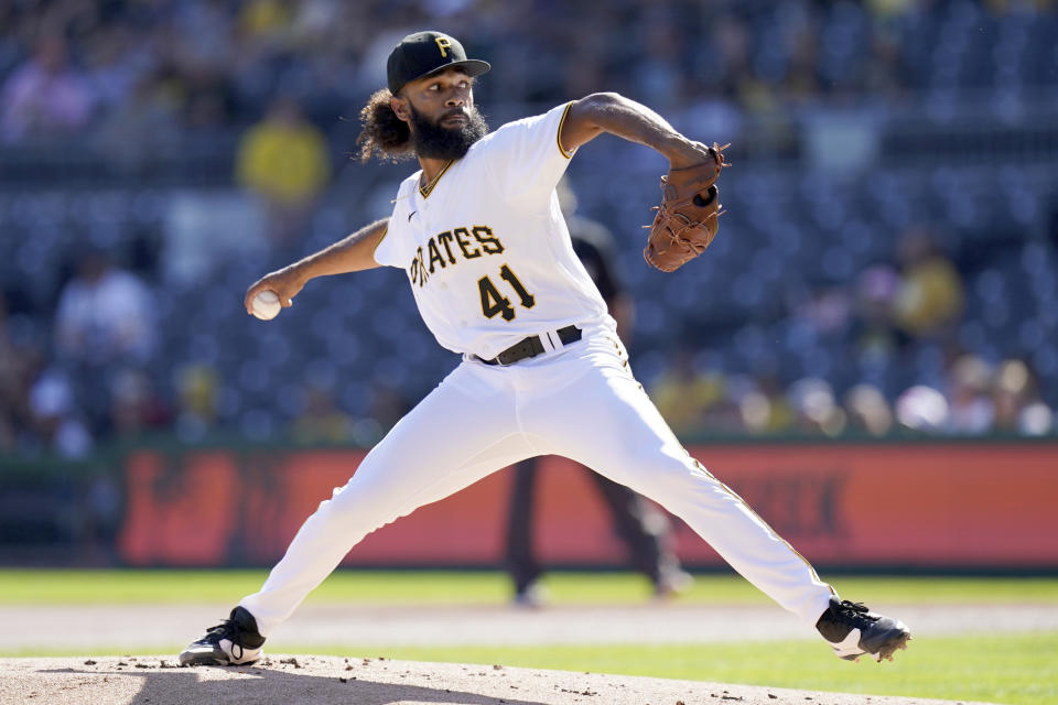 Pittsburgh Pirates starting pitcher Andre Jackson delivers during the first inning of a baseball game against the Miami Marlins in Pittsburgh, Sunday, Oct. 1, 2023. (AP Photo/Matt Freed)