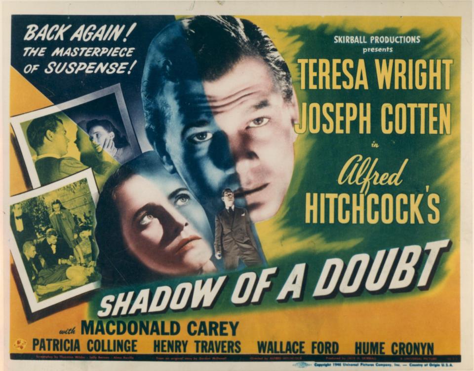 'Merry Widow Murderer': A poster for Hitchcock's Shadow of a Doubt - Moviestore/Shutterstock