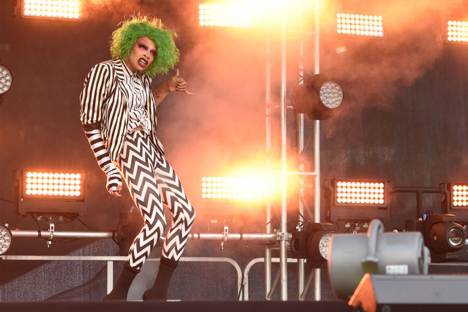 <p><em>RuPaul's Drag Race</em> winner Yvie Oddly performs during Drive 'N Drag at Westfield Garden State Plaza in Paramus, New Jersey, on Friday.</p>