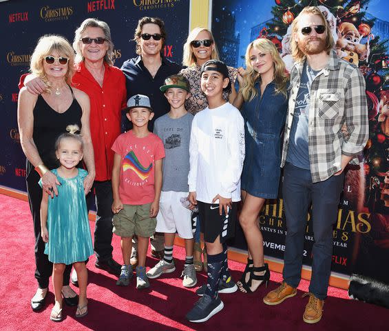 Michael Kovac/Getty Goldie Hawn, Kurt Russell, Oliver Hudson, Erinn Bartlett, Meredith Hagner, and Wyatt Russell, (Bottom L-R) Rio Hudson, Bodhi Hawn Hudson, and Wilder Brooks Hudson attend "The Christmas Chronicles" Premiere on November 12, 2018 in Los Angeles, California
