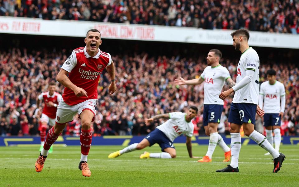 Granit Xhaka celebrates scoring against Tottenham - Granit Xhaka expected to leave Arsenal with £13m Bayer Leverkusen deal advancing - Reuters/David Klein