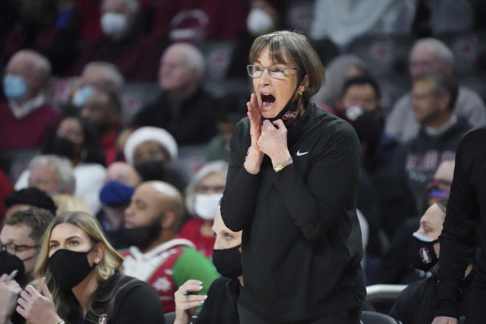 Stanford coach Tara VanDerveer shouts to players during the first half of the team's NCAA college basketball game against South Carolina on Tuesday, Dec. 21, 2021, in Columbia, S.C. (AP Photo/Sean Rayford)