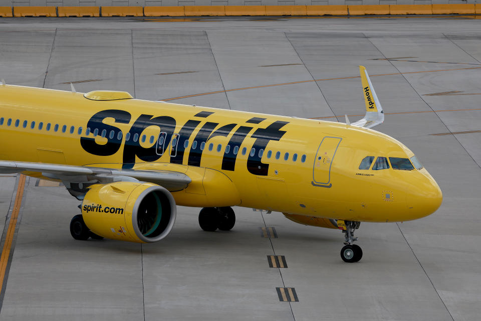 FORT LAUDERDALE, FLORIDA - FEBRUARY 07: A Spirit Airlines plane on the tarmac at the Fort Lauderdale-Hollywood International Airport on February 07, 2022 in Fort Lauderdale, Florida. Spirit and Frontier Airlines announced a planned $6.6 billion merger to create America's fifth-largest airline. (Photo by Joe Raedle/Getty Images)