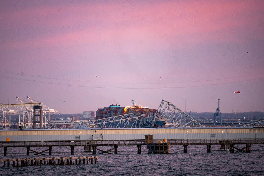 The Dali container vessel after striking the Francis Scott Key Bridge that collapsed into the Patapsco River in Baltimore, Maryland, US, on Tuesday, March 26, 2024. The commuter bridge collapsed after being struck by a container ship, causing vehicles to plunge into the water and halting shipping traffic at one of the most important ports on the US East Coast. Photographer: Al Drago/Bloomberg via Getty Images