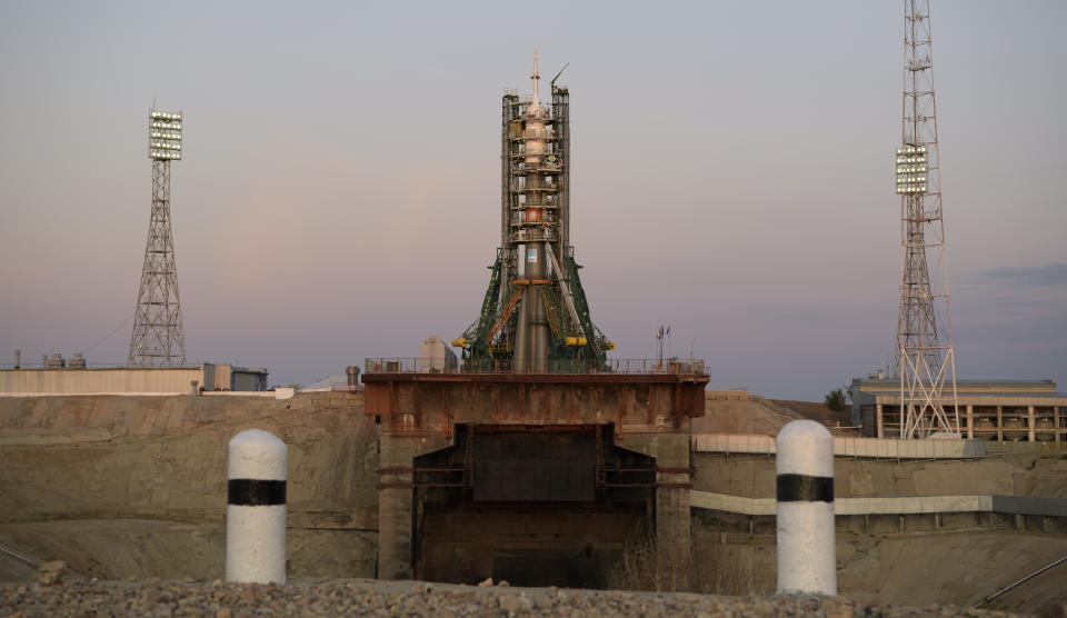 In this photo provided by NASA, the Soyuz MS-15 spacecraft is seen in the early morning hours ahead of the scheduled launch with Expedition 61 crew members Jessica Meir, of NASA, and Oleg Skripochka, of Roscosmos, and spaceflight participant Hazzaa Ali Almansoori, of the United Arab Emirates, early Wednesday, Sept. 25, 2019, from the Baikonur Cosmodrome in Kazakhstan. (Bill Ingalls/NASA via AP)