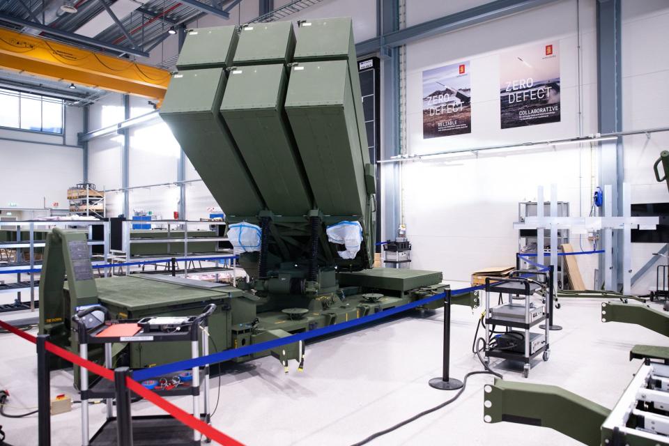A NASAMS surface-to-air missile launcher is seen in production at the assembly line of the Kongsberg Defense and Aerospace weapons factory in Kongsberg, Norway on Jan. 30, 2023. (Petter Berntsen/AFP via Getty Images)