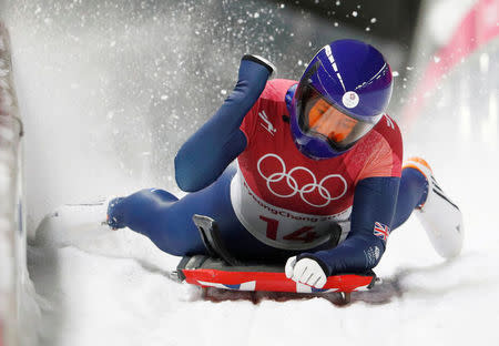 FILE PHOTO: Pyeongchang 2018 Winter Olympics Skeleton - Pyeongchang 2018 Winter Olympics - Women's Finals - Olympic Sliding Centre - Pyeongchang, South Korea - February 17, 2018 - Lizzy Yarnold of Britain reacts. REUTERS/Edgar Su/File Photo