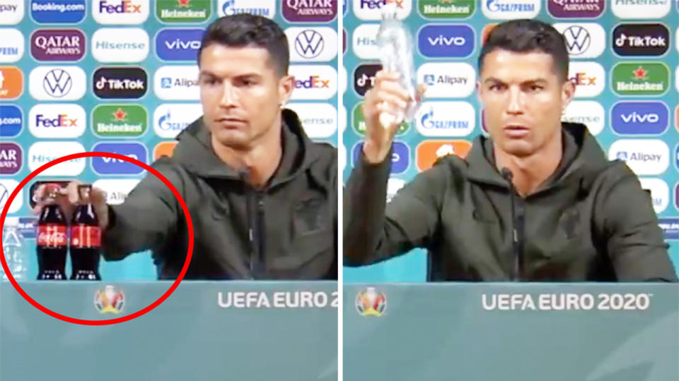 Cristiano Ronaldo (pictured left) picking up a Coca-Cola bottle and (pictured right) holding water.