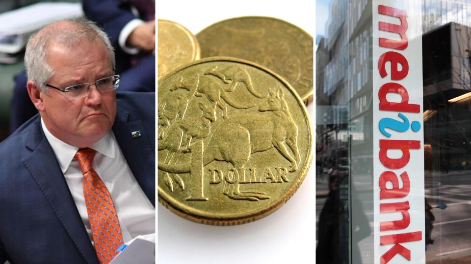 Scott Morrison on the left, one dollar coins in the centre and a sign of Medibank on the right.