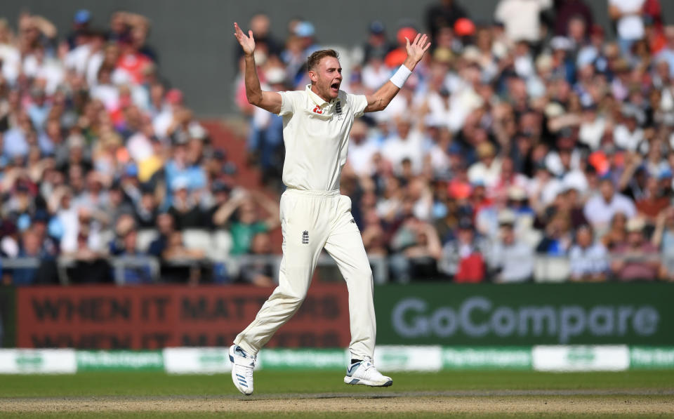 MANCHESTER, ENGLAND - SEPTEMBER 07: Stuart Broad of England successfully appeals for the wicket of Marcus Harris of Australia during day four of the 4th Specsavers Ashes Test match between England and Australia at Old Trafford on September 07, 2019 in Manchester, England. (Photo by Gareth Copley/Getty Images)