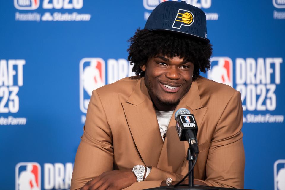 Jarace Walker smiles while answering questions from the media after being drafted eighth overall in the 2023 NBA Draft at Barclays Center on Thursday, June 22, 2023, in Brooklyn, New York.