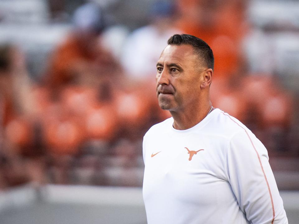 Texas Head Coach Steve Sarkisian watches his team warm up ahead of the Texas Longhorns' game against the ULM Warhawks at Darrell K Royal Texas Memorial Stadium in Austin, Sept. 21, 2024.