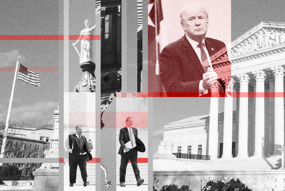A woven photo collage featuring images from left to right and highlights of red. Photo clips include the United States flag, Goddess of Liberty, Judd Stone, Ken Paxton, Donald Trump, and the U.S. Supreme Court.