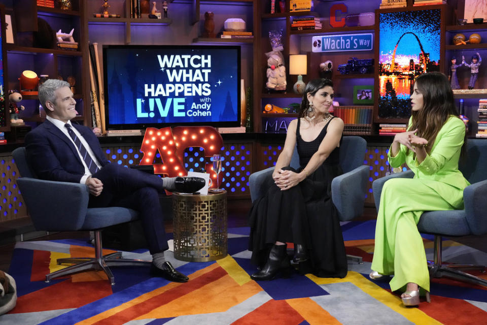 (L-R) Andy Cohen, Jamie-Lynn Sigler and Jenna Dewan on “Watch What Happens Live” on April 27, 2022. - Credit: Charles Sykes/Bravo