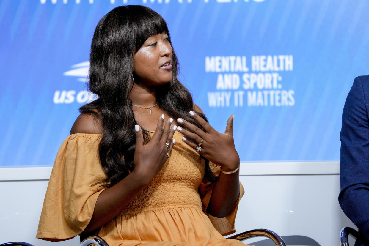 Naomi Osaka spoke during a forum on mental health at the US Open tennis championships in New York. (AP Photo/Mary Altaffer)