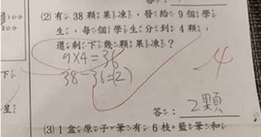 一名母親指出自己小孩國小數學考卷寫「9X4=36」結果卻被老師扣分，但因為她不知道哪邊錯了，因此詢問網友們「到底錯在哪裡，可否請數學高手解答一下。」（圖／Facebook／爆料公社）