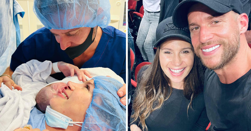 L: Home and Away star Dan Ewing looking at his fiancee and newborn baby in the hospital, both are wearing blue hospital caps and masks. R: Selfie of Dan Ewing and his fiancee, both wearing black caps and black tops