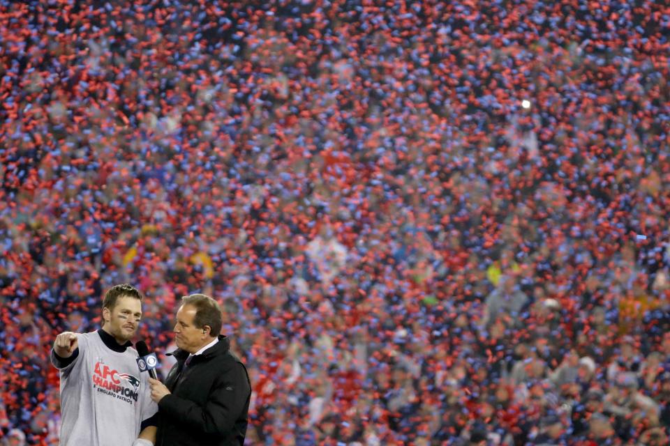 <p>Jim Nantz interviews Tom Brady #12 of the New England Patriots after the Patriots defeated the Pittsburgh Steelers 36-17 to win the AFC Championship Game at Gillette Stadium on January 22, 2017 in Foxboro, Massachusetts. (Photo by Al Bello/Getty Images) </p>