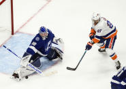 Tampa Bay Lightning goalie Andrei Vasilevskiy (88) makes the save against New York Islanders' Anders Lee (27) during second-period NHL Eastern Conference final playoff game action in Edmonton, Alberta, Monday, Sept. 7, 2020. (Jason Franson/The Canadian Press via AP)