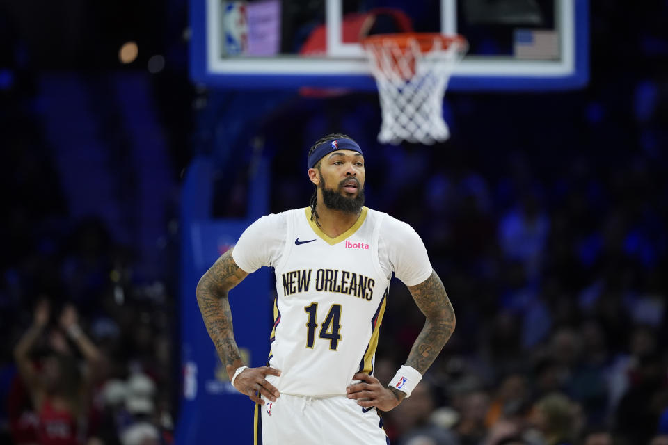 New Orleans Pelicans' Brandon Ingram plays during an NBA basketball game, Friday, March 8, 2024, in Philadelphia. (AP Photo/Matt Slocum)