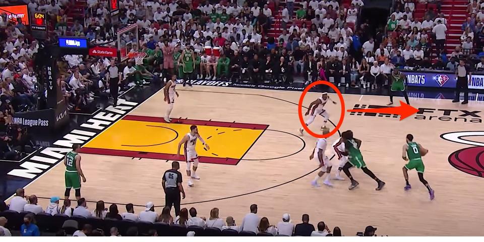 A screenshot circles Jimmy Butler as he prepares to pick off a pass against the Celtics.