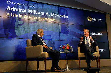 Retired U.S. Navy Admiral William McRaven (R), the former head of U.S. special operations who oversaw the raid on Osama bin Laden, speaks with Reuters Editor at Large Sir Harold Evans at a Reuters Newsmakers event in New York City, New York, U.S., May 22, 2019. REUTERS/Mike Segar