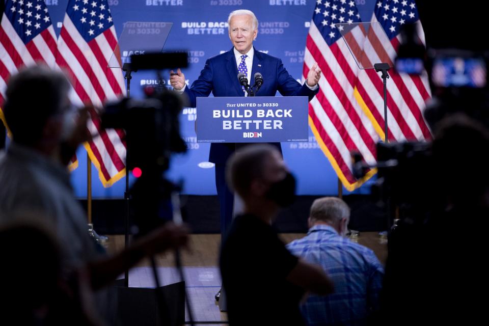 Democratic presidential candidate former Vice President Joe Biden speaks at a campaign event at the William "Hicks" Anderson Community Center in Wilmington, Del., Tuesday, July 28, 2020.