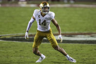 FILE - Notre Dame safety Kyle Hamilton (14) plays during an NCAA football game against Florida State in Tallahassee, Fla., in this Sunday, Sept. 5, 2021, file photo. Hamilton was selected to The Associated Press Midseason All-America team, announced Tuesday, Oct. 19, 2021. (AP Photo/Gary McCullough, File)