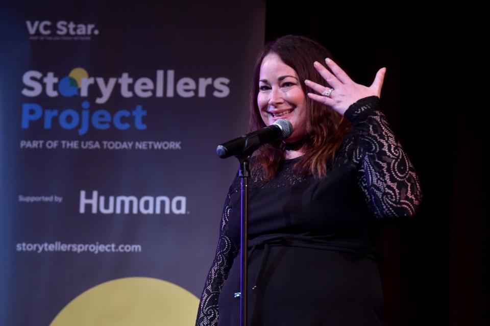 Michelle Rogers shares a story during the Ventura Storytellers Project night of "Love, Romance and Other Disasters" at the High Street Arts Center in Moorpark on Wednesday.