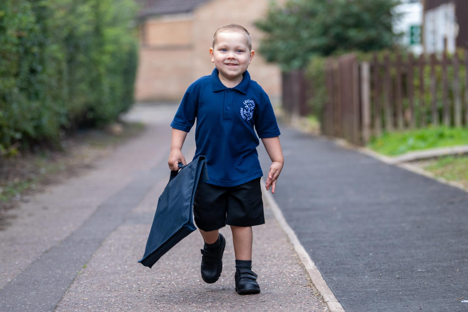 A brave little boy who has beaten leukaemia twice in his short life has defied the odds - to start his first day of school. Mum Kirsty Knighton said there were times she had thought she would never see four-year-old son Josh Stockhill in his school uniform on his first day. Josh was first diagnosed with acute nymphoblastic leukemia at just eight months old - and his parents were told following his diagnosis that he may not make it through the night. And after nine months of "rigorous" chemotherapy treatment, parents Kirsty Knighton, 36, and Craig Stockhill, 40, were dealt another blow - when they were told Josh had relapsed at just two years old. But Josh has defied the odds to start his first day at Leighton Primary School in Peterborough - a milestone which has left his parents "emotional".