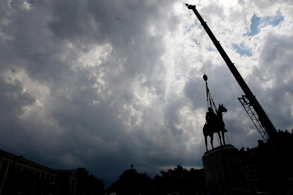A statue of confederate Gen. Stonewall Jackson on Monument Avenue is prepared to be removed in Richmond, Va. on July 1, 2020.