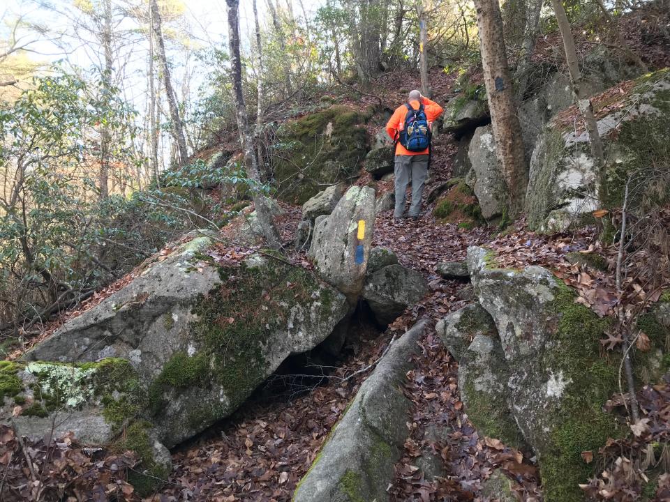 One section of the Tippecansett South Trail includes a steep climb up a rocky ledge.