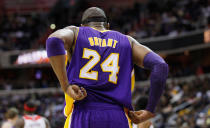 Lakers guard Kobe Bryant turns his back to the camera during a game against the Wizards on March 7 in Washington, D.C. (Photo by Rob Carr/Getty Images)