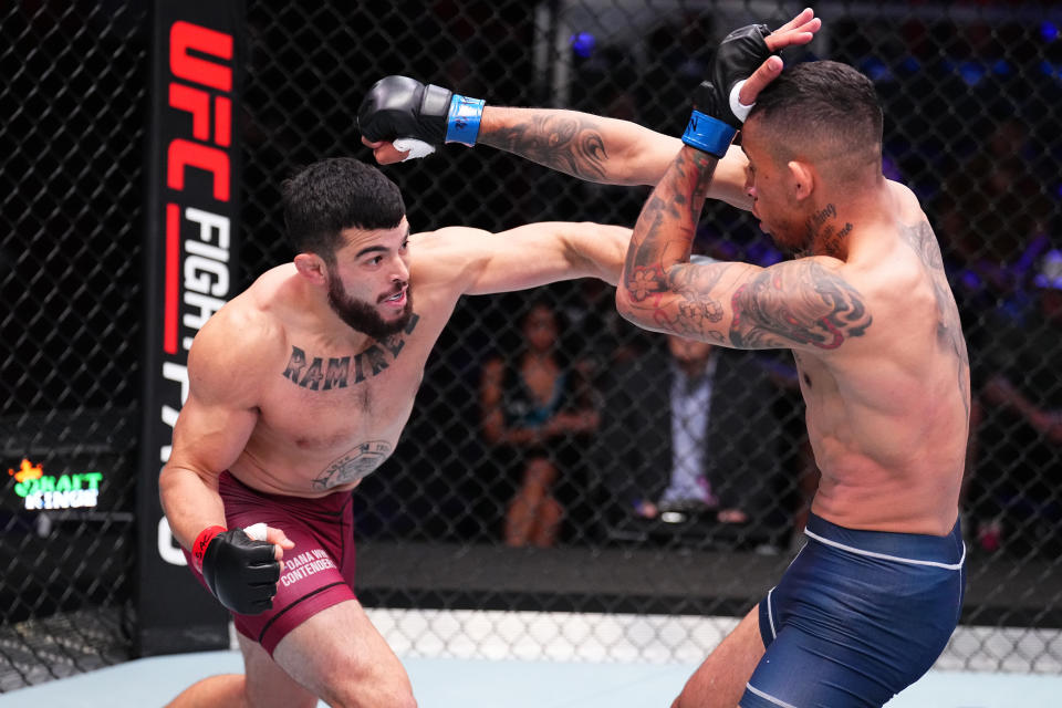 LAS VEGAS, NEVADA – AUGUST 29: (L-R) Mitch Ramirez punches Carlos Prates of Brazil in their welterweight fight during Dana White’s Contender Series season seven, week four at UFC APEX on August 29, 2023 in Las Vegas, Nevada. (Photo by Chris Unger/Zuffa LLC via Getty Images)