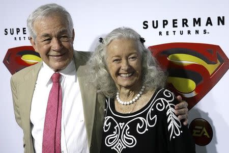 Actors Jack Larson (L) and Noel Neill, who played Jimmy Olsen and Lois Lane respectively in the 1952 Superman television series, pose for photograph during the Superman Returns DVD and video game launch party in Hollywood November 16, 2006. REUTERS/Gus Ruelas