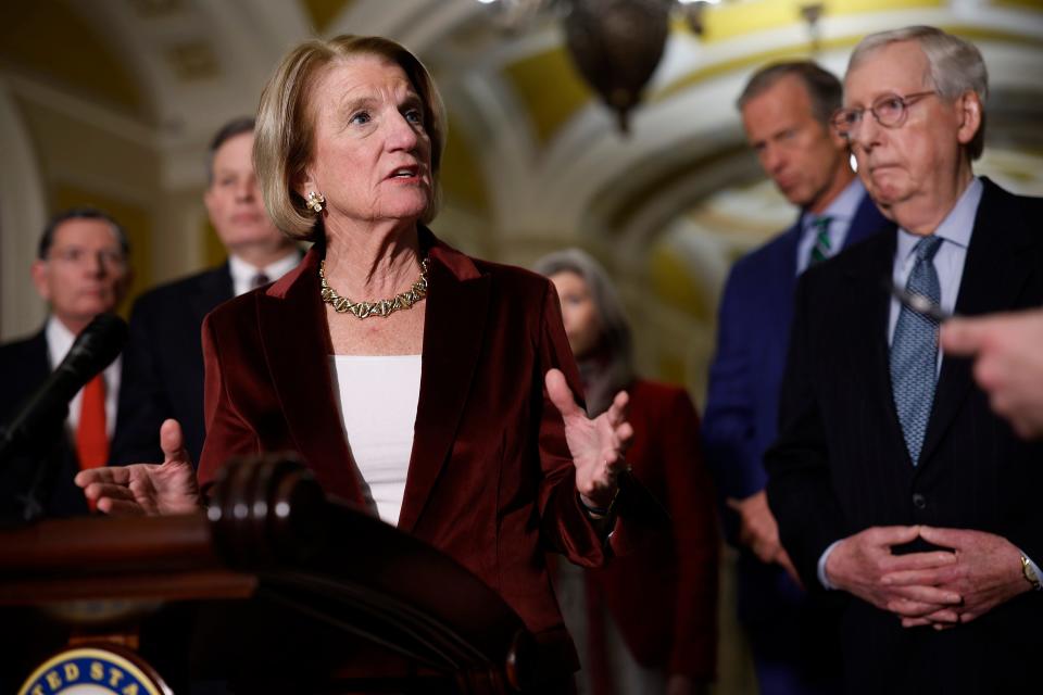 Sen. Shelley Moore Capito (R-WV) talks to reporters in the U.S. Capitol on February 14, 2023 in Washington, DC. Republicans were critical of President Joe Biden's response to the U.S. Military's downing of four unidentified objects that entered North American airspace in the last eight days and Minority Leader Mitch McConnell (R-KY) re-emphasized that the country would not default on its debts by failing to raise the debt limit.