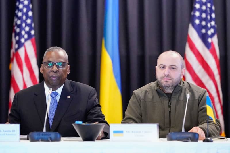 US Secretary of Defense Lloyd Austin (L) and  Ukrainian Defense Minister Rustem Umjerow attend the consultations of the US-led Ukraine Contact Group at Ramstein Air Base. Numerous defense ministers and high-ranking military officers are discussing further support for Ukraine in the war against Russia. Uwe Anspach/dpa