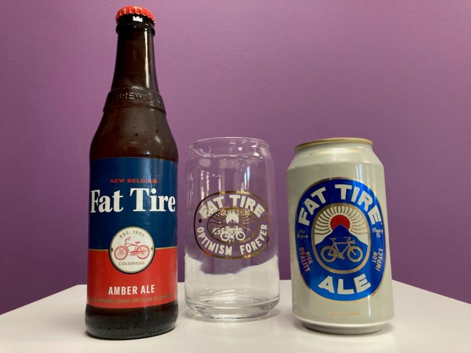 New Belgium Brewing Co. is introducing a new recipe and branding of its flagship Fat Tire beer. The original beer (left) is an amber ale and the new beer (right) is a classic ale that's lighter, brighter and crisper.