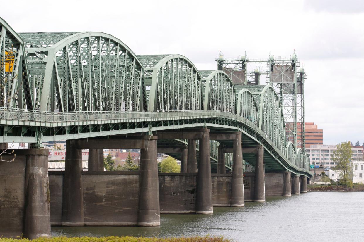 The Interstate 5 bridge spans the Columbia River between Oregon and Washington.