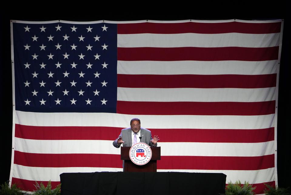 Iowa Republican Party chairman Jeff Kaufmann speaks during the Lincoln Dinner on Friday, July 28, 2023, at the Iowa Events Center in Des Moines.