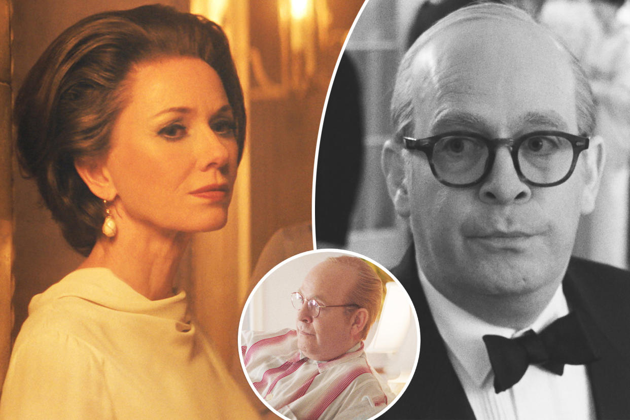 Naomi Watts as Babe Paley (left) and Tom Hollander as Truman Capote (inset and right) in scenes from the FX series "Feud: Capote vs. The Swans" about the "In Cold Blood" author.