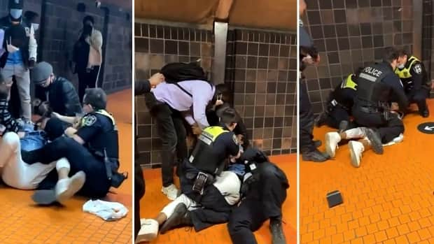 Onlookers tried to intervene, pulling the STM inspectors after they were seen repeatedly punching the woman. (Video stills/Twitter  - image credit)